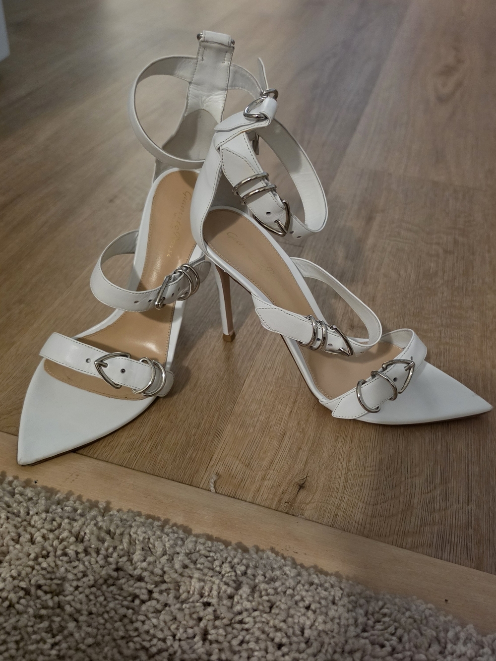 Gianvito Rossi White Pointed Buckle-Strap Stiletto Heels